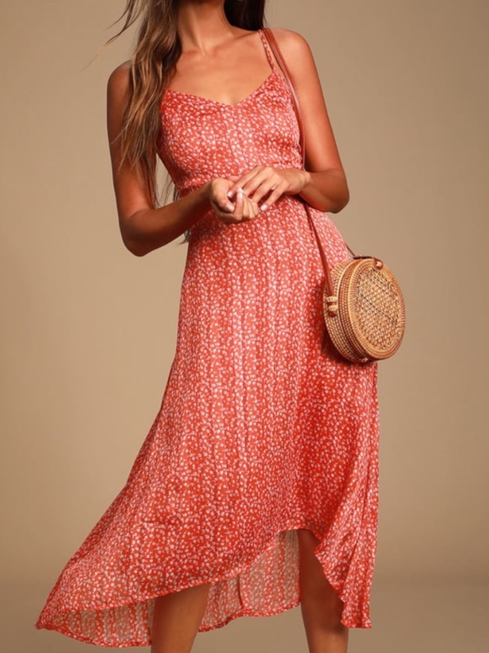 Coral-Orange Floral High-Low Midi Dress